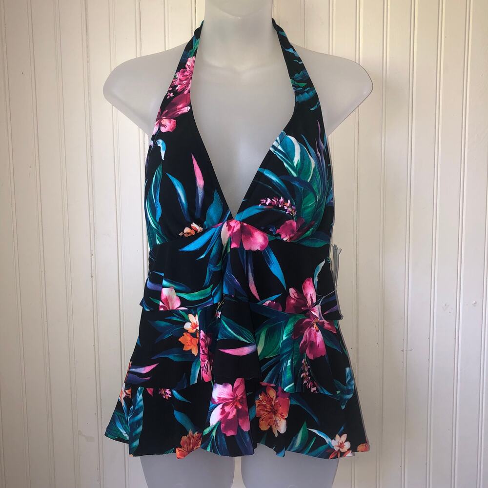 SWIM SOLUTIONS Retail $72 Black Floral Printed Tiered Halter Tankini Top Size 12